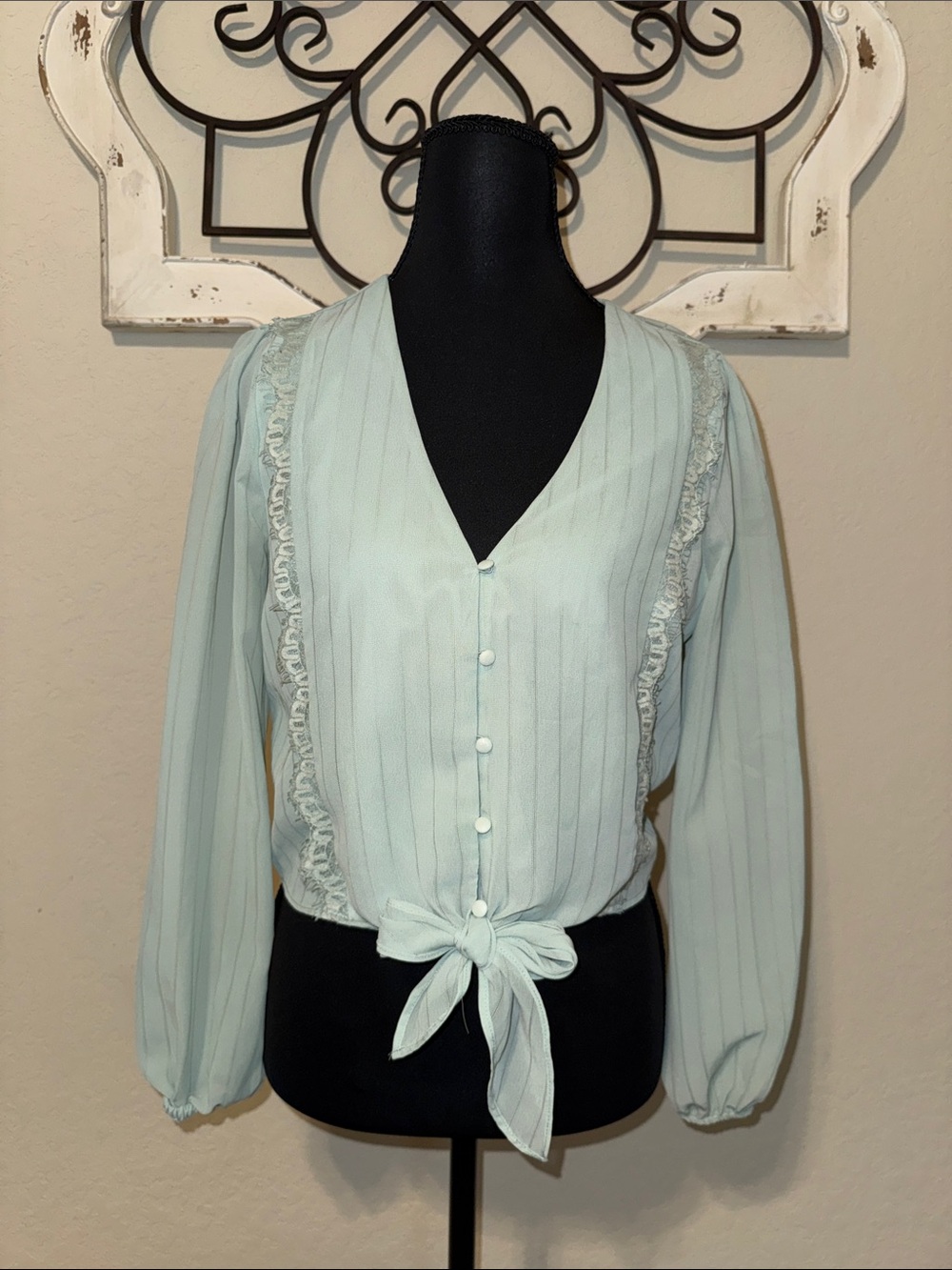 Wayf Light Mint Tie-Front V-Neck Blouse